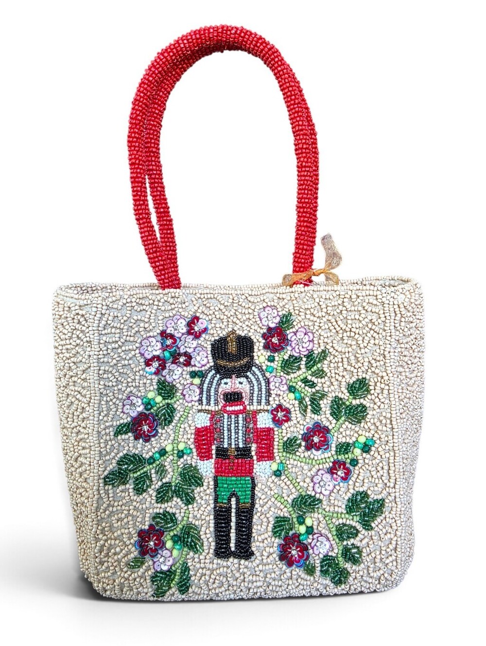 Anthropologie Nutcracker Floral Christmas Holiday Beaded Tote Bag Purse Red NEW
